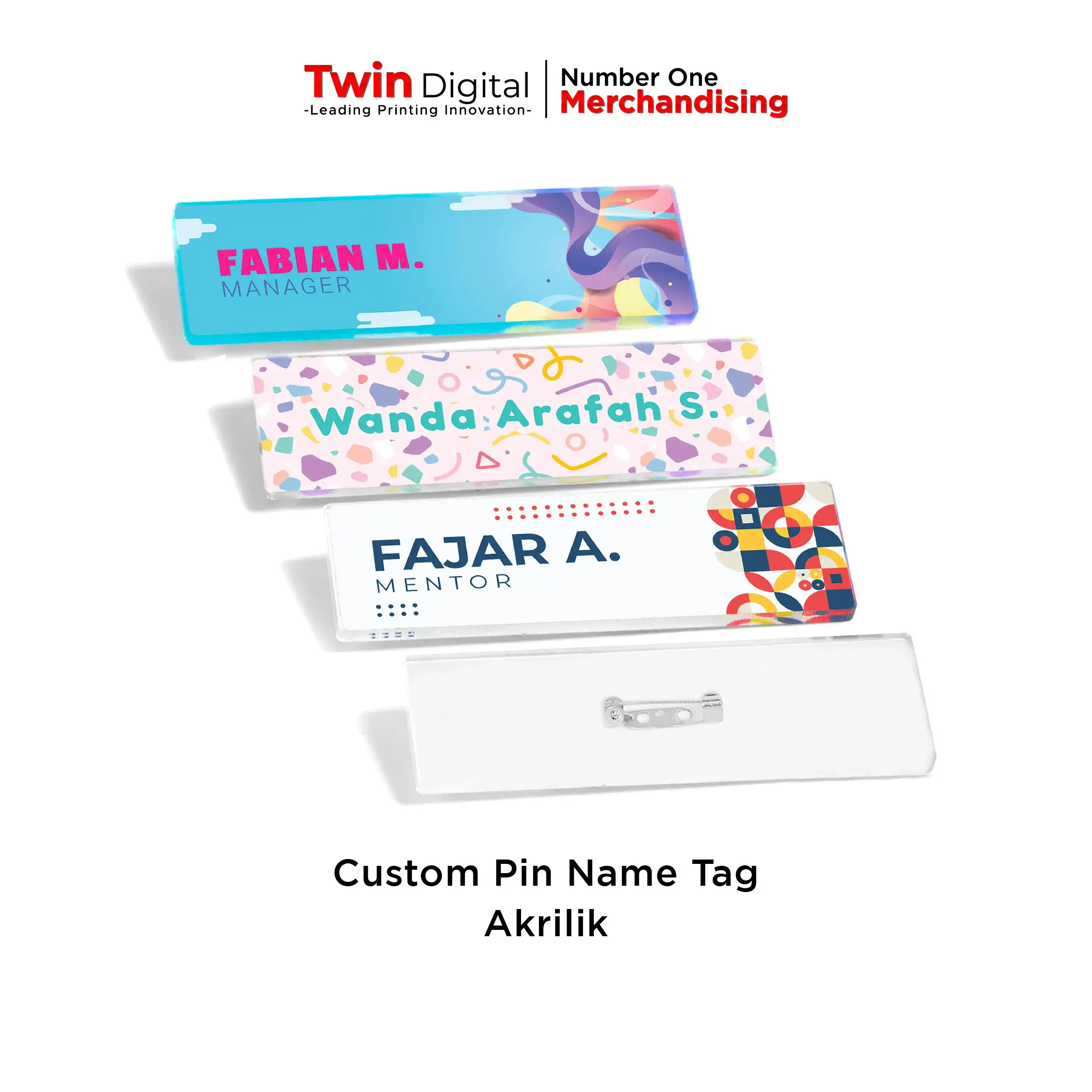 Pin Name Tag Peniti Pin Nama Dada Custom Akrilik Twin Digital